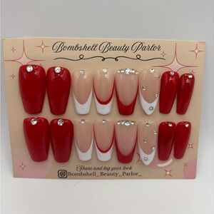 Nail press on nails press ons French tip coffin frenchies red white